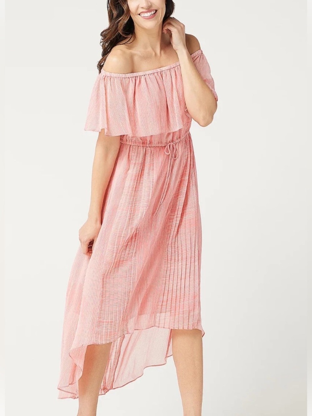 H by Halston pink  Pleated Off-Shoulder Dress with Waist Tie‎ 18WP petite
